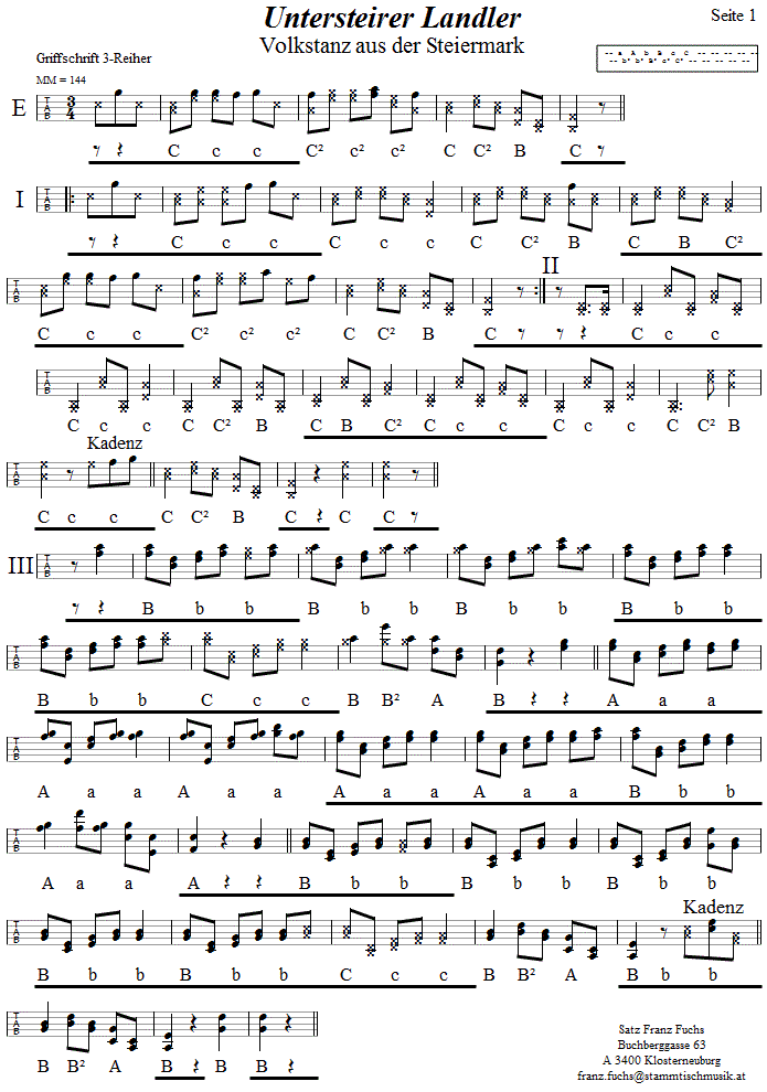 Untersteirer Landler 1 in Griffschrift fr steirische Harmonika. 
Bitte klicken, um die Melodie zu hren.