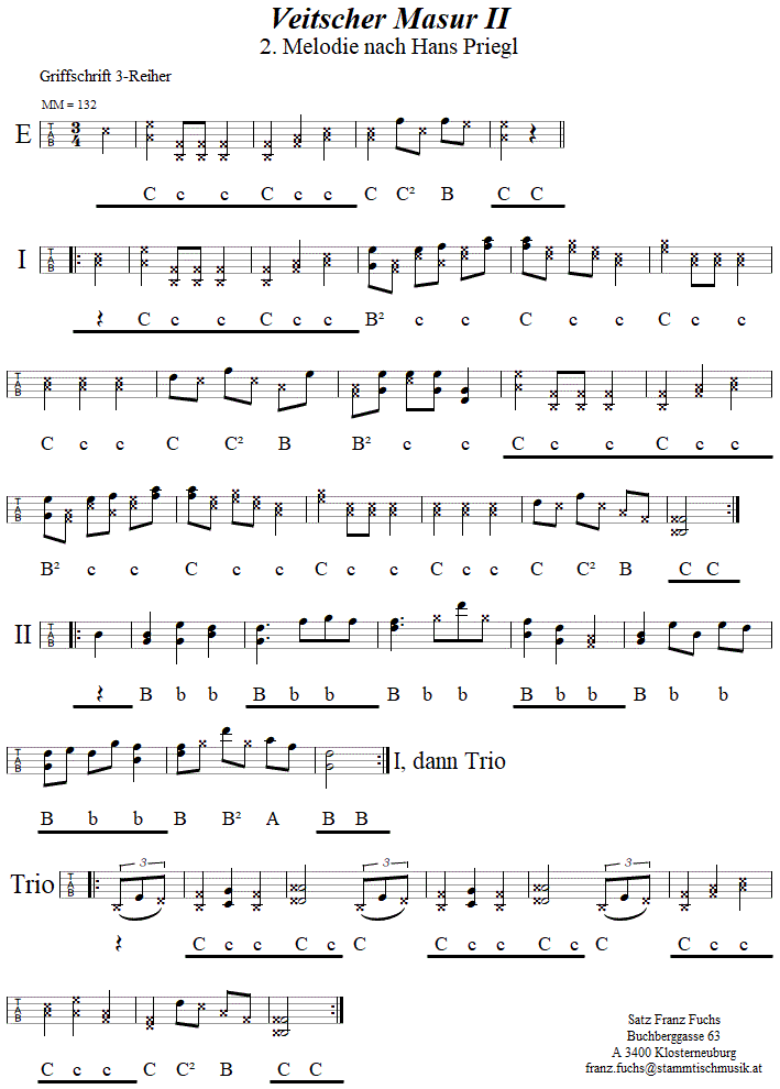 Veitscher Masur, 2. Melodie, in Griffschrift fr Steirische Harmonika. 
Bitte klicken, um die Melodie zu hren.