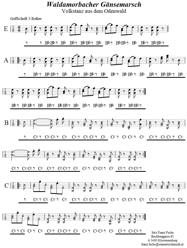 Waldamorbacher Gänsemarsch in Griffschrift für Steirische Harmonika. 
Bitte klicken, um die Melodie zu hören.