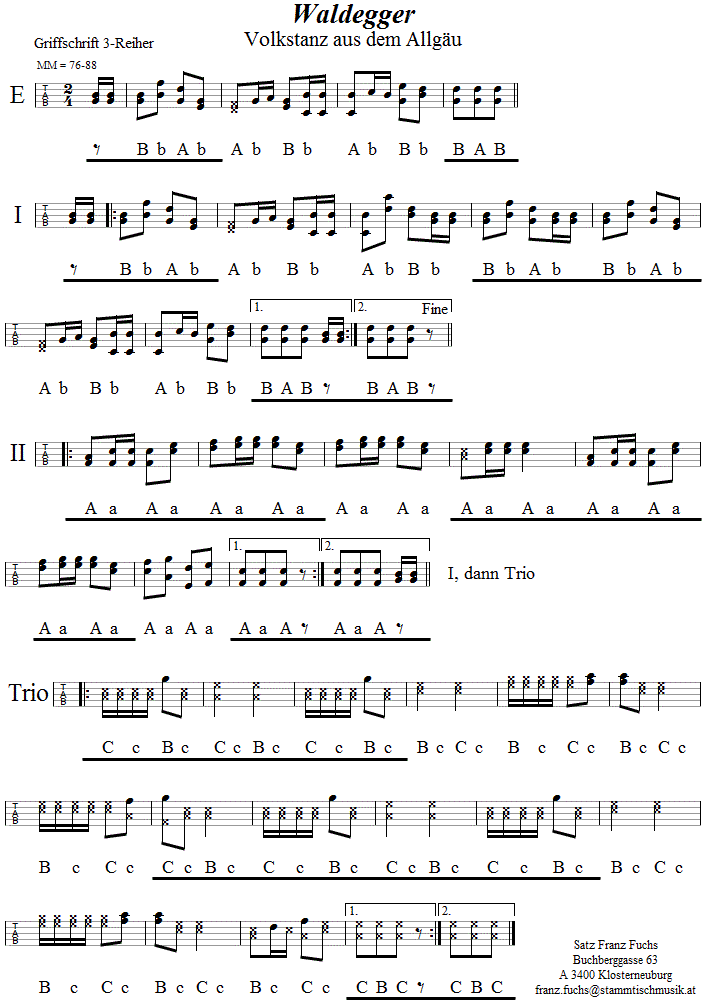 Waldegger in Griffschrift für Steirische Harmonika. 
Bitte klicken, um die Melodie zu hören.