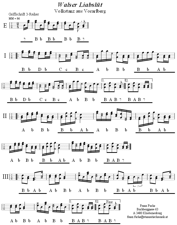 Walser Liabslüt in Griffschrift für Steirische Harmonika. 
Bitte klicken, um die Melodie zu hören.