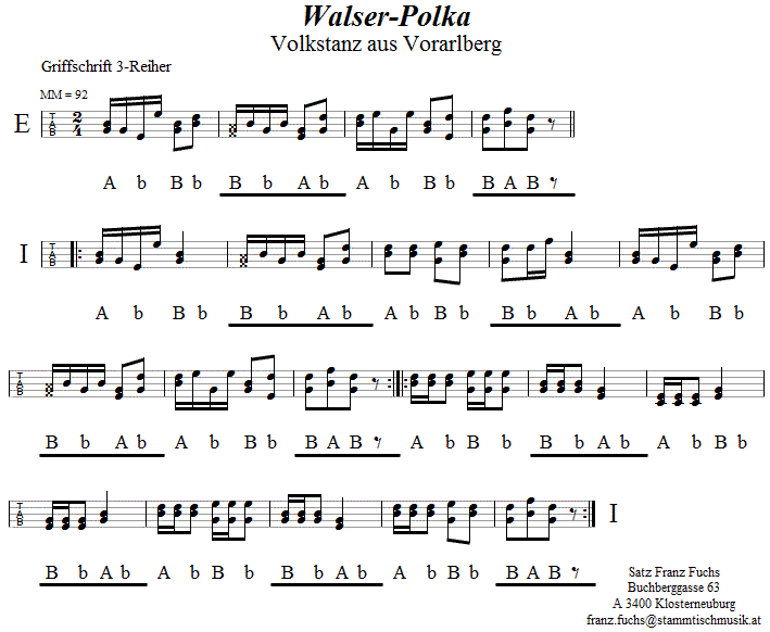 Walser-Polka in Griffschrift für Steirische Harmonika. 
Bitte klicken, um die Melodie zu hören.