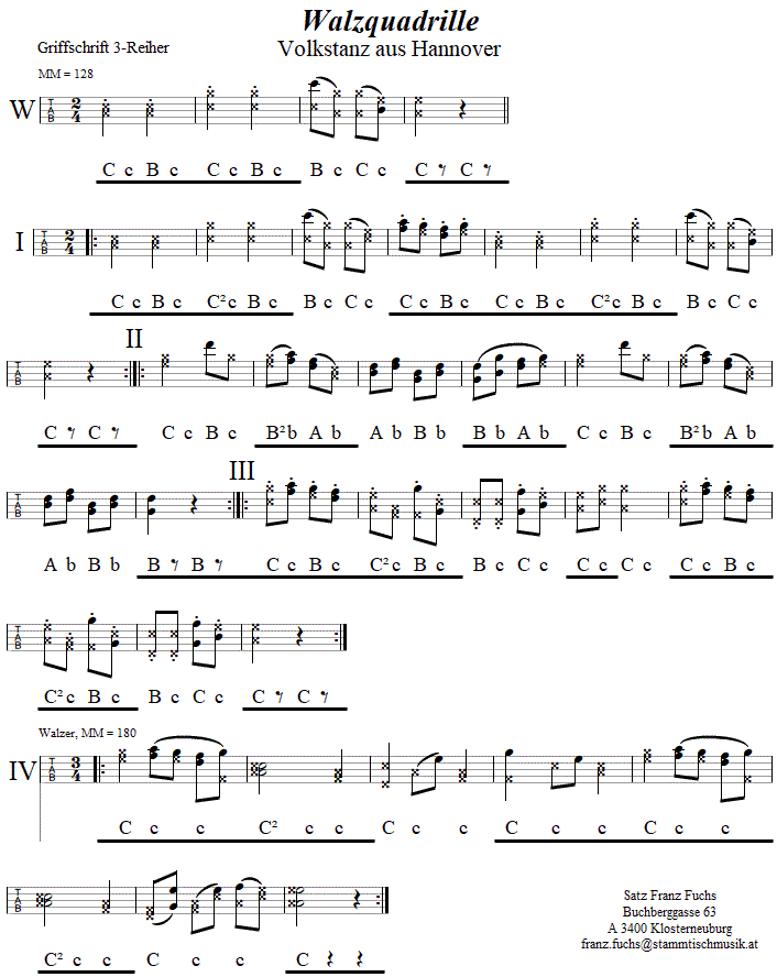 Die Walzquadrille, in Griffschrift fr Steirische Harmonika. 
Bitte klicken, um die Melodie zu hren.