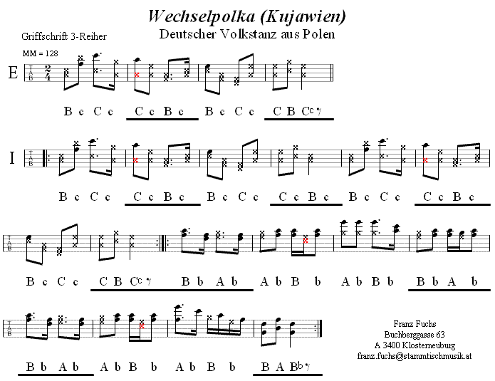 Wechselpolka aus Kujawien in Griffschrift für Steirische Harmonika. 
Bitte klicken, um die Melodie zu hören.