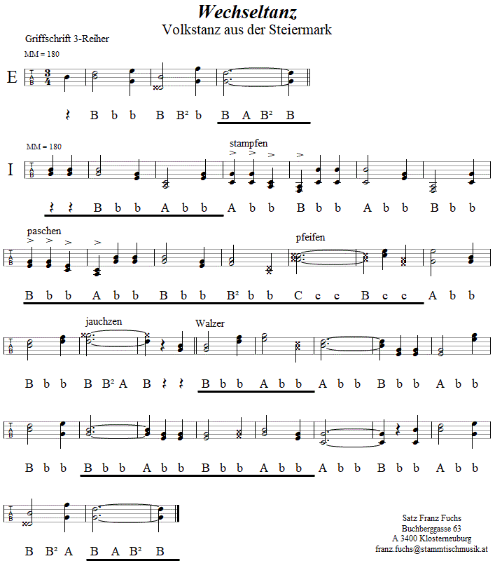 Wechseltanz in Griffschrift fr Steirische Harmonika. 
Bitte klicken, um die Melodie zu hren.