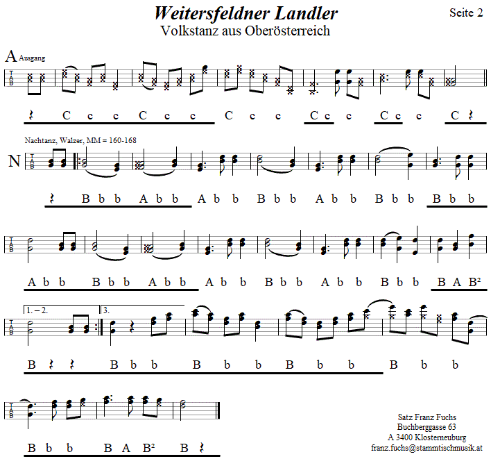 Weitersfeldner Landler, Seite 2, in Griffschrift für Steirische Harmonika. 
Bitte klicken, um die Melodie zu hören.