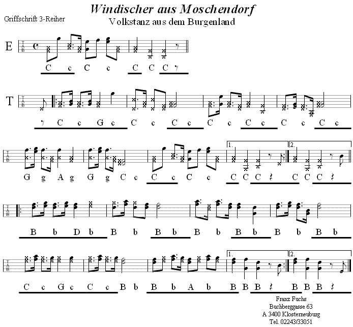 Windischer aus Moschendorf in Griffschrift für Steirische Harmonika. 
Bitte klicken, um die Melodie zu hören.