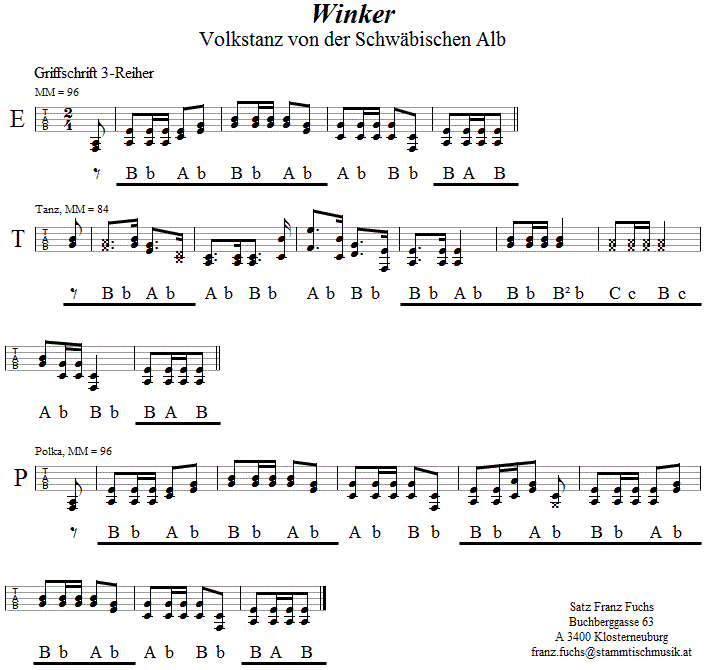 Winker in Griffschrift für Steirische Harmonika. 
Bitte klicken, um die Melodie zu hören.