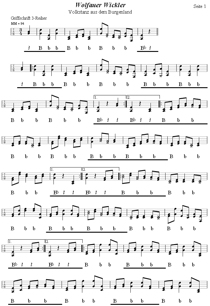 Wolfauer Wickler 1 in Griffschrift für Steirische Harmonika. 
Bitte klicken, um die Melodie zu hören.