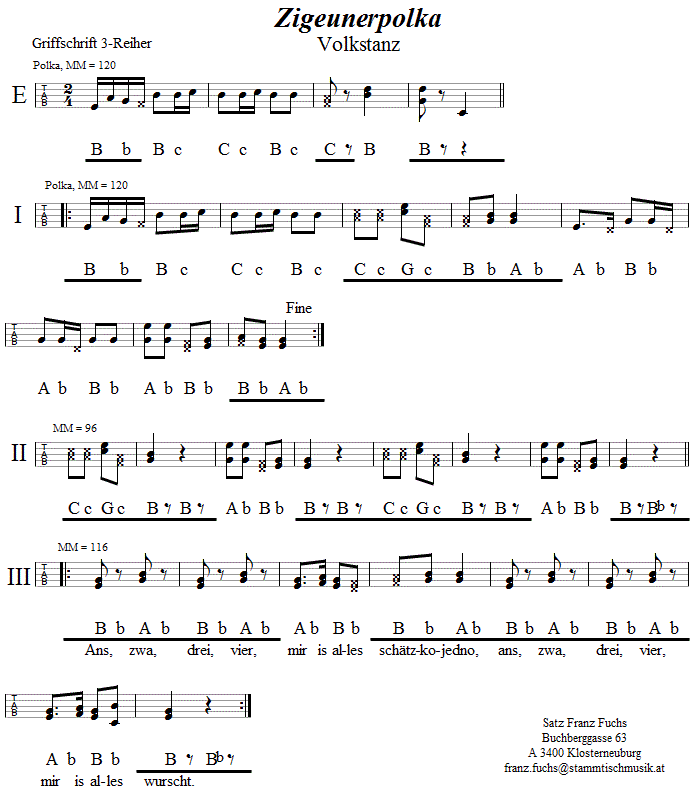 Zigeunerpolka in Griffschrift für Steirische Harmonika. 
Bitte klicken, um die Melodie zu hören.
