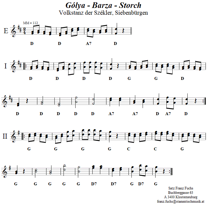 Golya (Storch) in zweistimmigen Noten. 
Bitte klicken, um die Melodie zu hören.