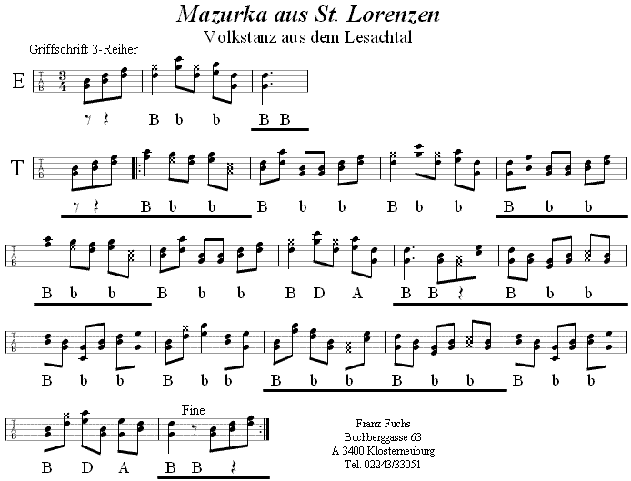 Mazurka aus St. Lorenzen in Griffschrift für steirische Harmonika. 
Bitte klicken, um die Melodie zu hören.