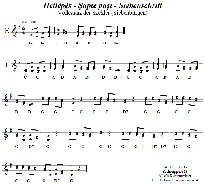 Hétlépés - Siebenschritt, in zweistimmigen Noten. 
Bitte klicken, um die Melodie zu hören.