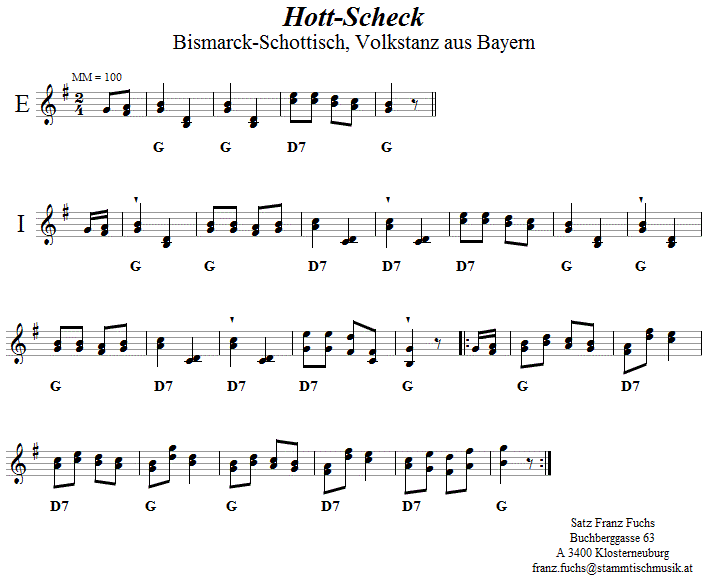 Hott Scheck (Bismarck-Schottisch) in zweistimmigen Noten. 
Bitte klicken, um die Melodie zu hören.