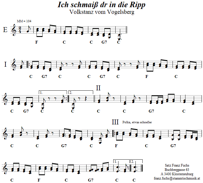 Ich schmai dr in die Ripp, in zweistimmigen Noten. 
Bitte klicken, um die Melodie zu hren.