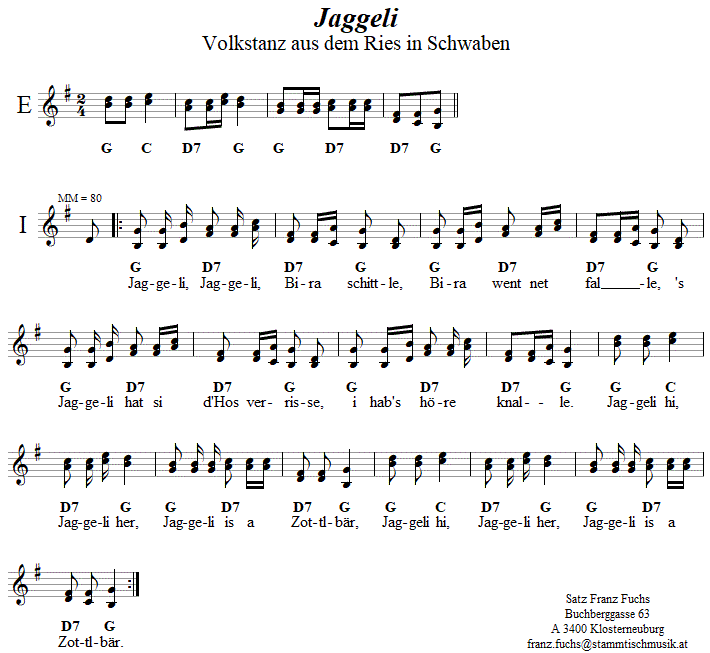 Jaggeli in zweistimmigen Noten. 
Bitte klicken, um die Melodie zu hren.