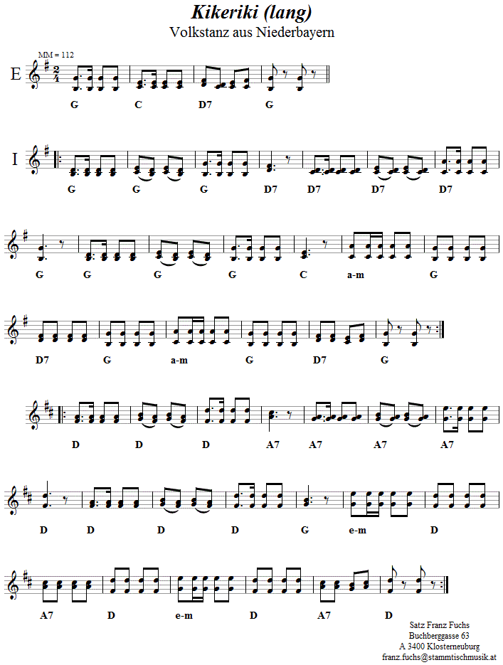 Kikeriki, lange Version, in zweistimmigen Noten. 
Bitte klicken, um die Melodie zu hören.