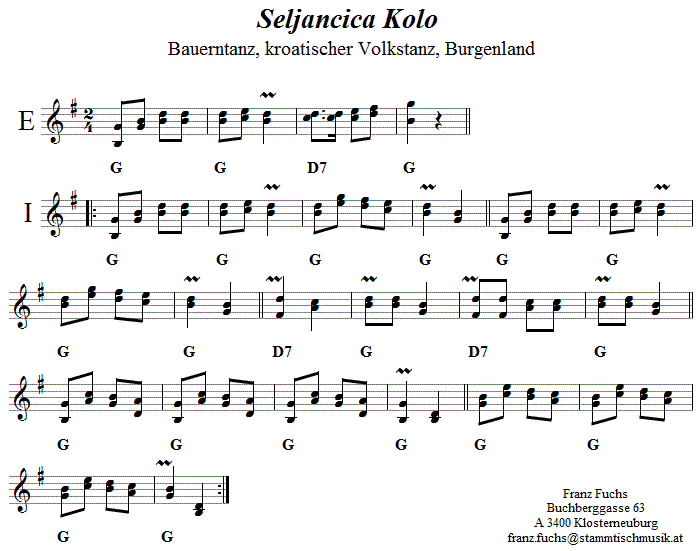 Seljancica Kolo in zweistimmigen Noten. 
Bitte klicken, um die Melodie zu hören.