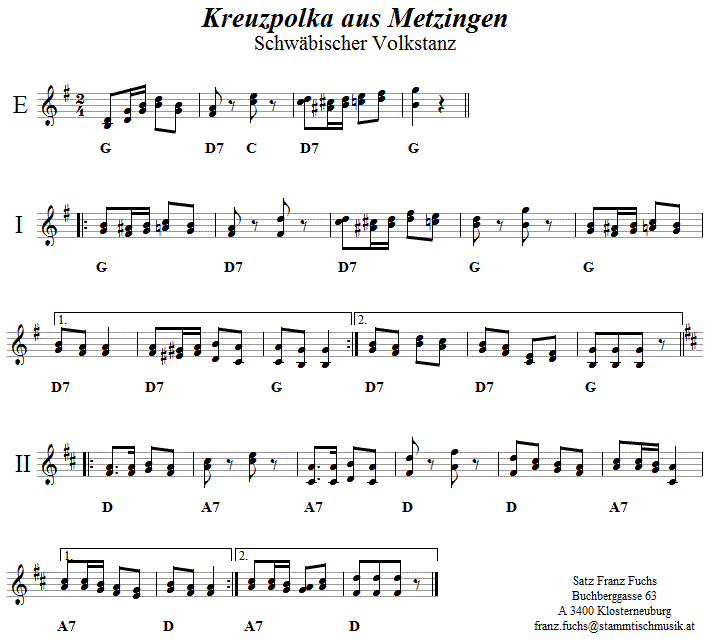 Kreuzpolka aus Metzingen in zweistimmigen Noten. 
Bitte klicken, um die Melodie zu hören.