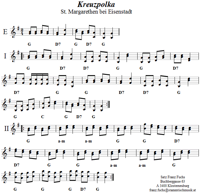 Kreuzpolka aus St. Margarethen in zweistimmigen Noten. 
Bitte klicken, um die Melodie zu hören.