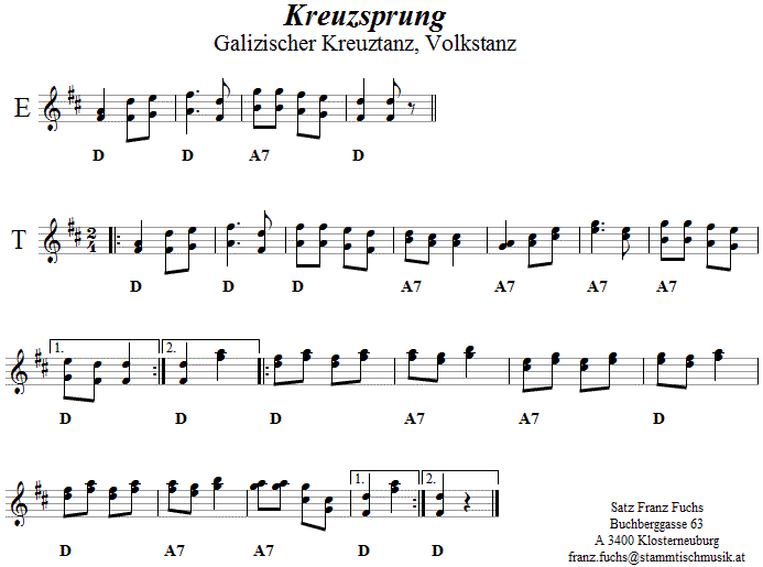 Kreuztanz (Galizische Kreuzpolka, Kreuzsprung) in zweistimmigen Noten. 
Bitte klicken, um die Melodie zu hören.
