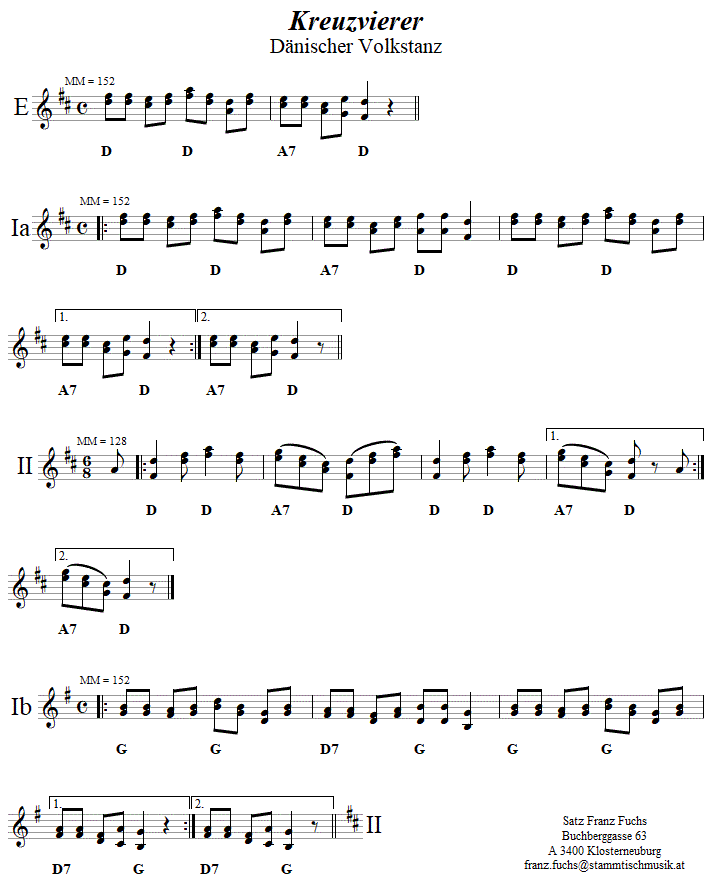 Kreuzvierer in zweistimmigen Noten. 
Bitte klicken, um die Melodie zu hren.