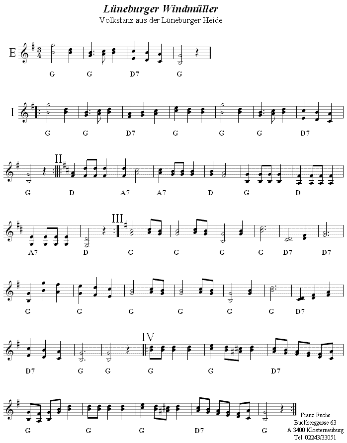 Lüneburger Windmüller in zweistimmigen Noten. 
Bitte klicken, um die Melodie zu hören.