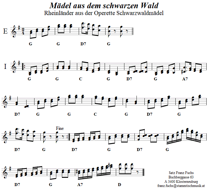 Mdel aus dem Schwarzen Wald, in zweistimmigen Noten.
Bitte klicken, um die Melodie zu hren.