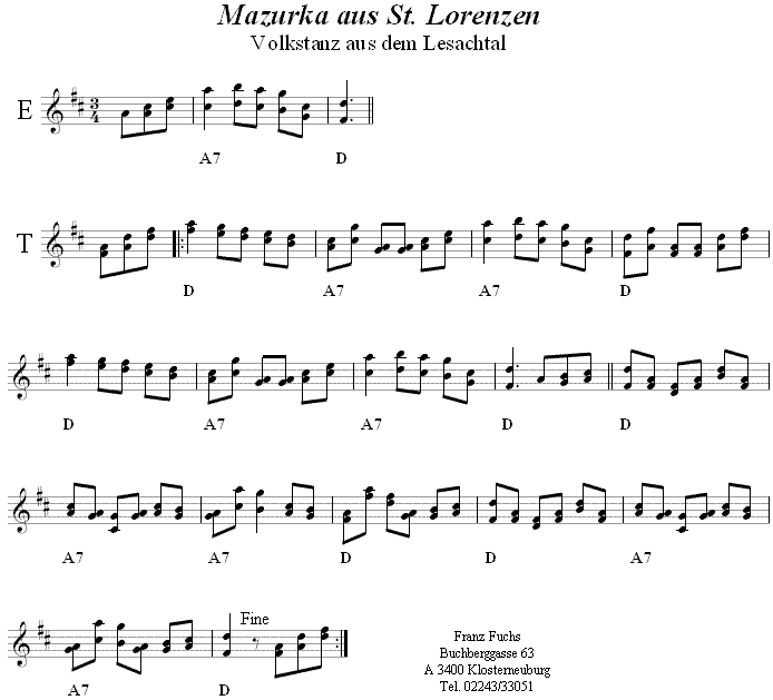 Mazurka aus St. Lorenzen in zweistimmigen Noten. 
Bitte klicken, um die Melodie zu hören.