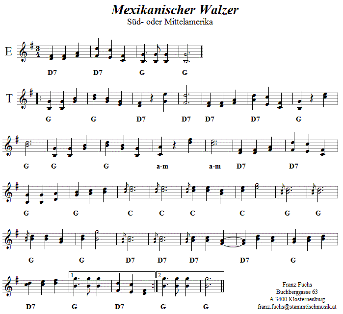 Mexikanischer Walzer in zweistimmigen Noten.
Bitte klicken, um die Melodie zu hören.