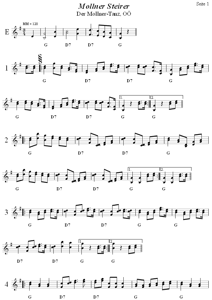 Mollner Steirer Seite 1 in zweistimmigen Noten. 
Bitte klicken, um die Melodie zu hören.