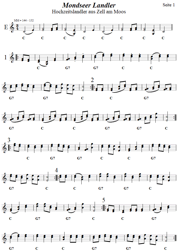 Mondseer Landler (Hochzeitslandler aus Zell am Moos), Seite 1, in zweistimmigen Noten. 
Bitte klicken, um die Melodie zu hören.