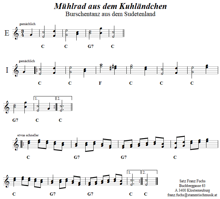 Mhlrad aus dem Kuhlndchen in zweistimmigen Noten. 
Bitte klicken, um die Melodie zu hren.