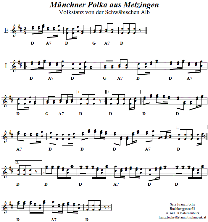 Münchner Polka aus Metzingen in zweistimmigen Noten. 
Bitte klicken, um die Melodie zu hören.