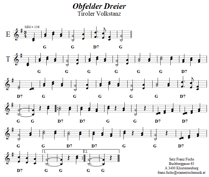 Obfelder Dreier in zweistimmigen Noten. 
Bitte klicken, um die Melodie zu hören.