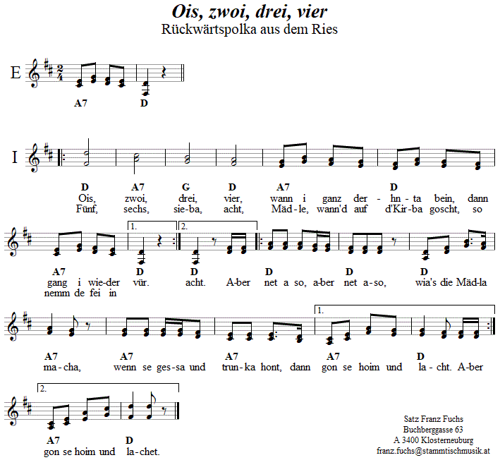 Ois, zwoi, drei, vier in zweistimmigen Noten. 
Bitte klicken, um die Melodie zu hren.