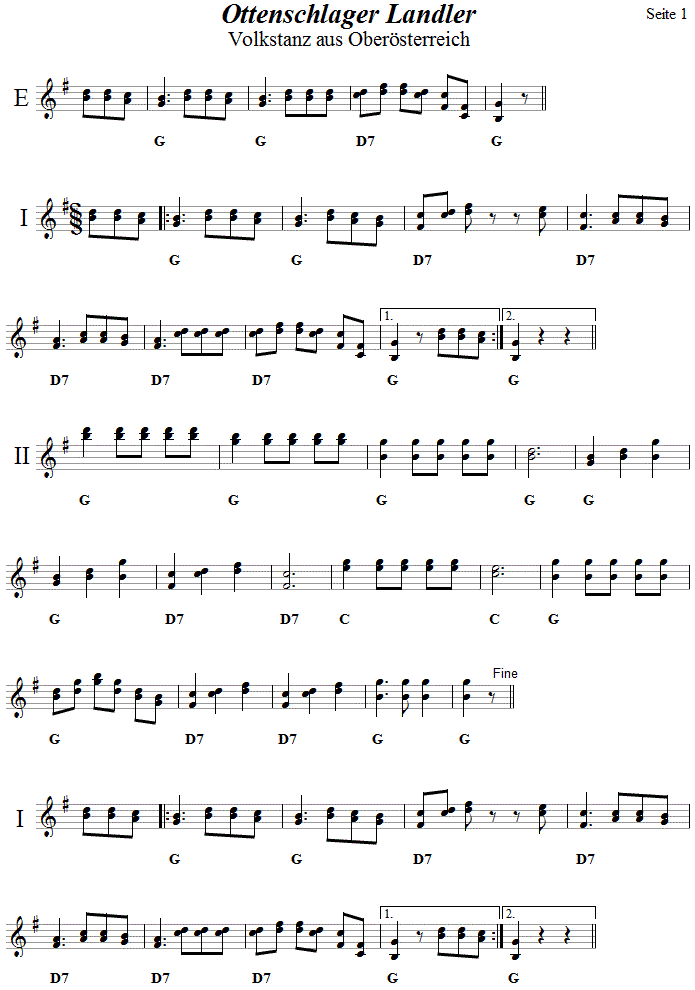 Ottenschlager Landler 1 in zweistimmigen Noten. 
Bitte klicken, um die Melodie zu hren.