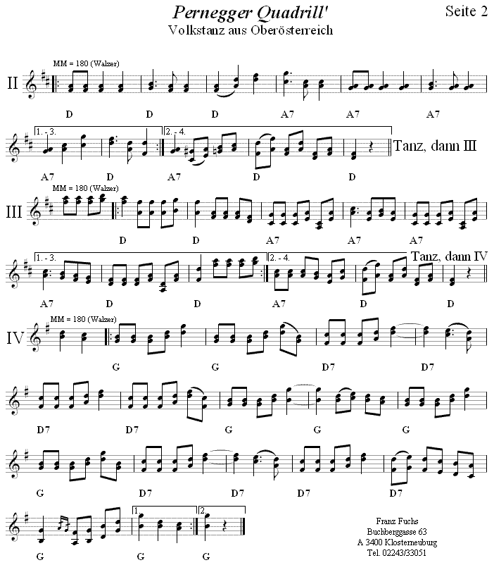 Pernegger Quadrill in zweistimmigen Noten, Seite 2.
Bitte klicken, um die Melodie zu hören.