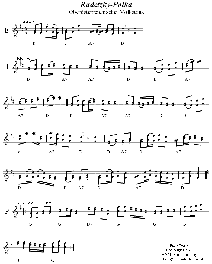 Radetzky-Polka in zweistimmigen Noten. 
Bitte klicken, um die Melodie zu hören.