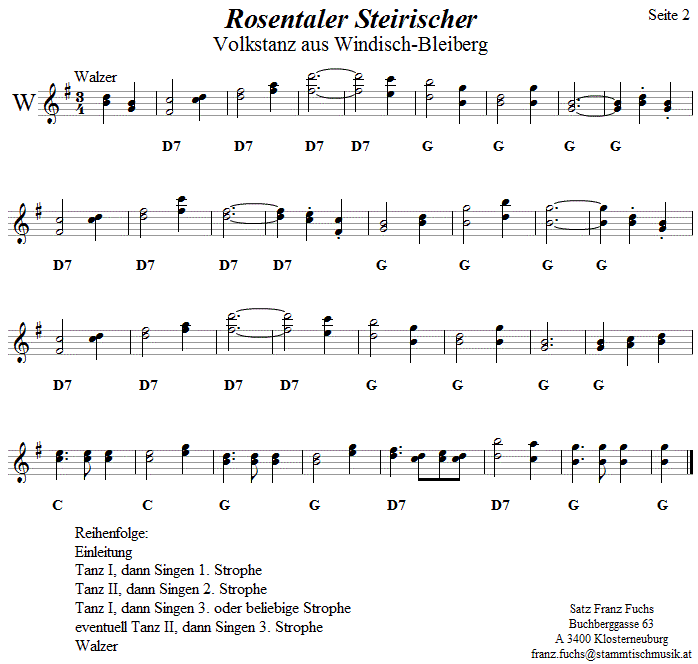 Rosentaler Steirischer in zweistimmigen Noten, Seite 2. 
Bitte klicken, um die Melodie zu hren.