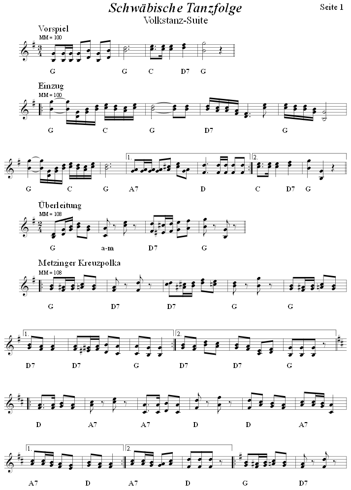 Schwbische Tanzfolge, Seite 1, in zweistimmigen Noten. 
Bitte klicken, um die Melodie zu hren.