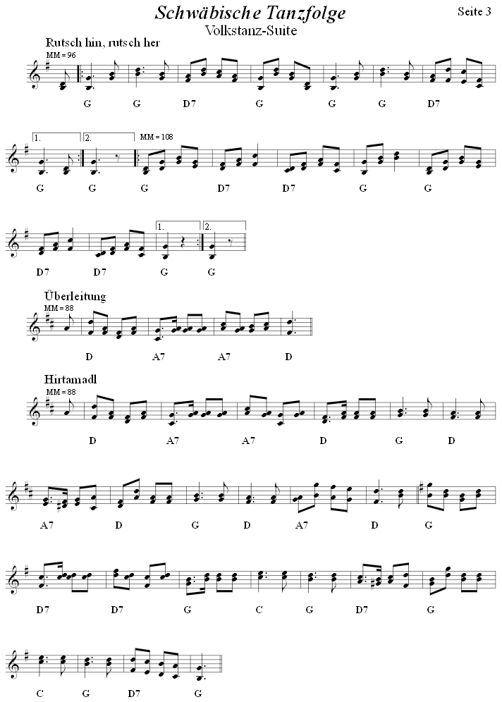 Schwbische Tanzfolge, Seite 3, in zweistimmigen Noten. 
Bitte klicken, um die Melodie zu hren.