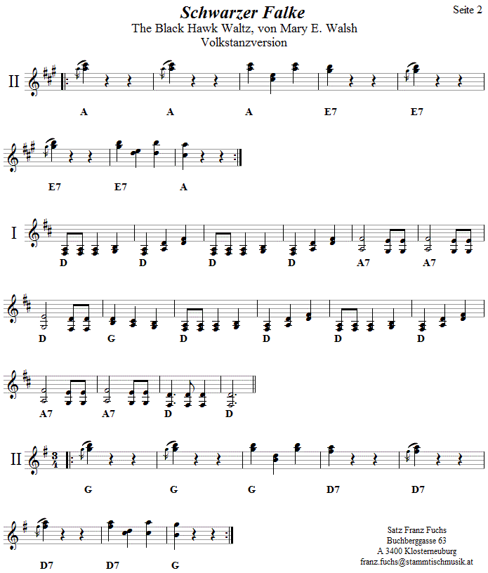 Schwarzer Falke, Volkstanzversion in zweistimmigen Noten, Seite 2.
Bitte klicken, um die Melodie zu hren.