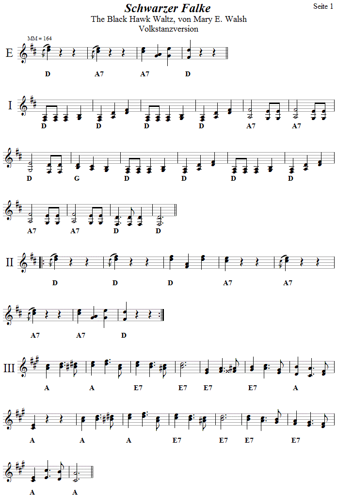 Schwarzer Falke, Volkstanzversion, Seite 1 in zweistimmigen Noten.
Bitte klicken, um die Melodie zu hren.