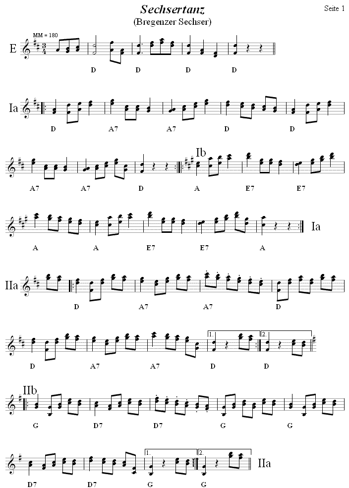 Bregenzer Sechsertanz, Seite 1 in zweistimmigen Noten. 
Bitte klicken, um die Melodie zu hören.
