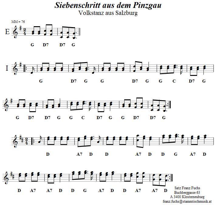 Siebenschritt aus dem Pinzgau, in zweistimmigen Noten. 
Bitte klicken, um die Melodie zu hören.