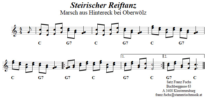 Steirischer Reiftanz in zweistimmigen Noten.
Bitte klicken, um die Melodie zu hren.