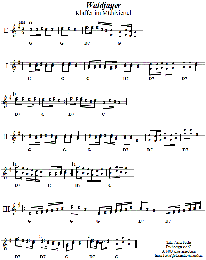 Mhlviertler Waldjger, Melodie aus Klaffer in zweistimmigen Noten. Bitte klicken, um die Melodie zu hren.