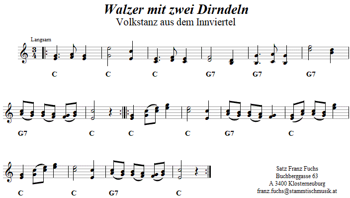 Walzer mit zwei Dirndeln in zweistimmigen Noten. 
Bitte klicken, um die Melodie zu hören.