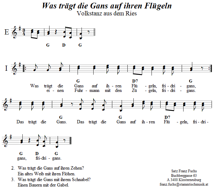 Was trgt die Gans auf ihren Flgeln, in zweistimmigen Noten. 
Bitte klicken, um die Melodie zu hren.